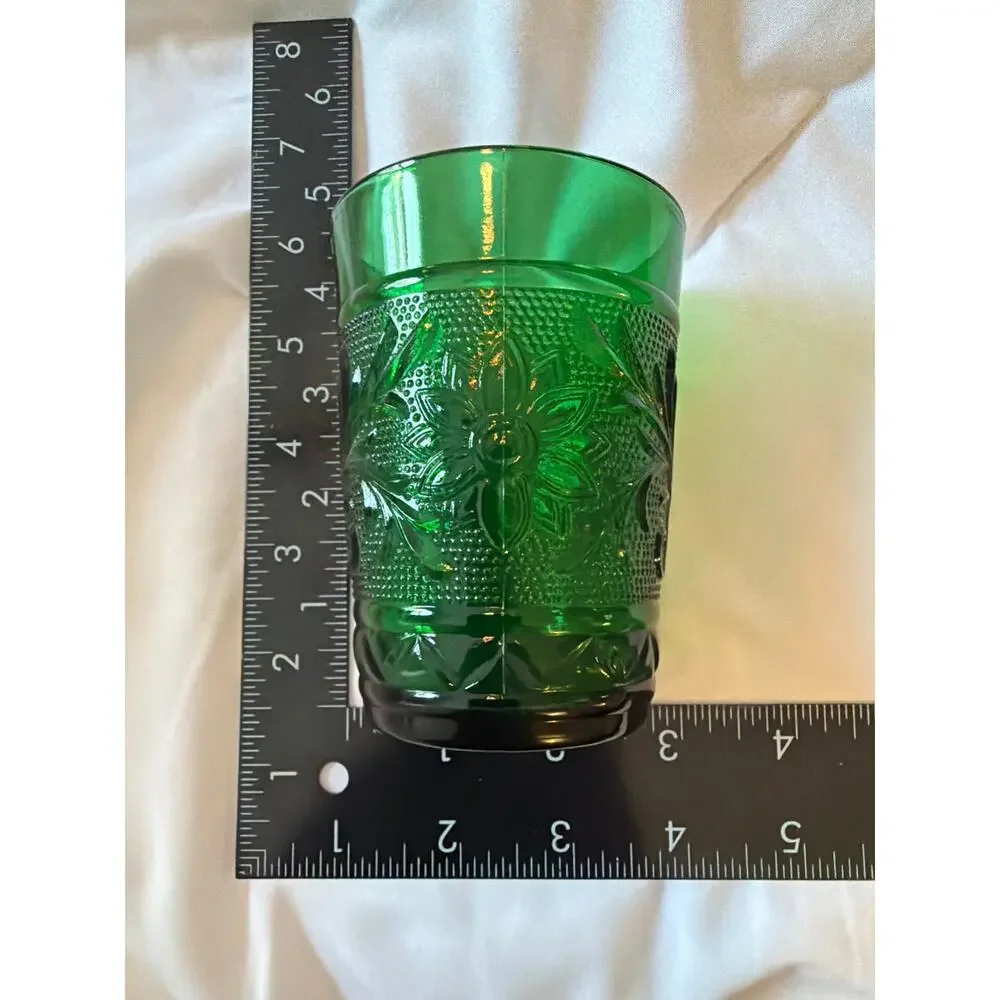 Vintage Emerald Green Pressed Glass Tumbler Floral Scroll Pattern Drinking Glass
